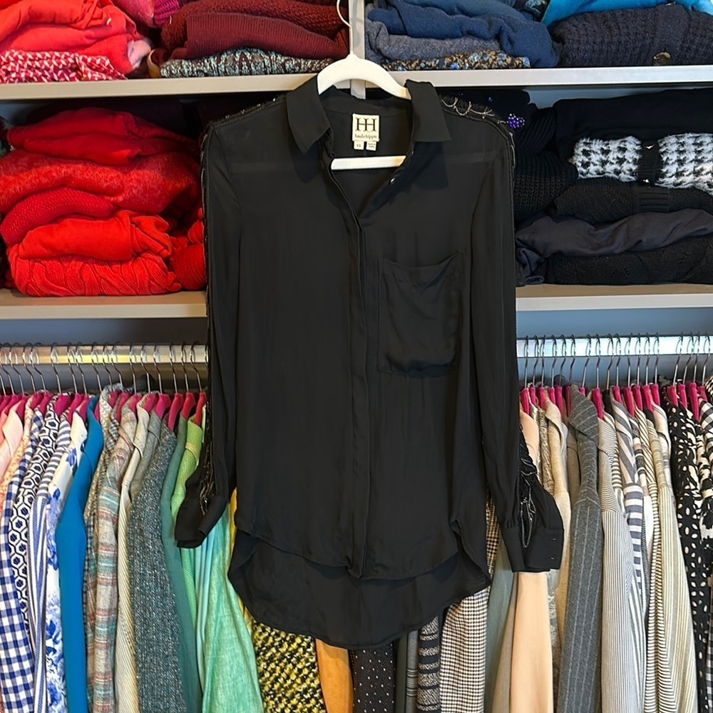 Haute Hippie black with chain embellished long sleeve button down blouse size XS